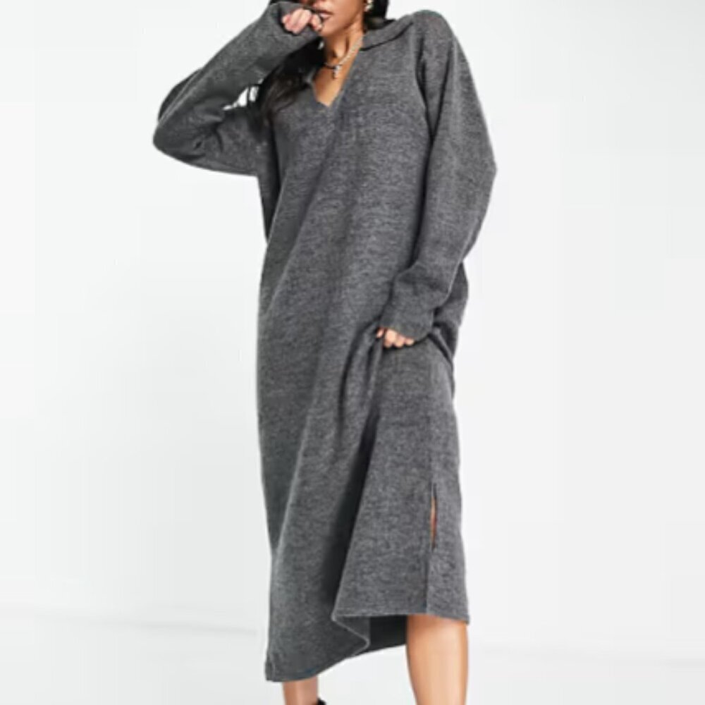 4th & Reckless Open Collar Knit Midi Gray Sweater Dress Minimalist Cozy Whimsy